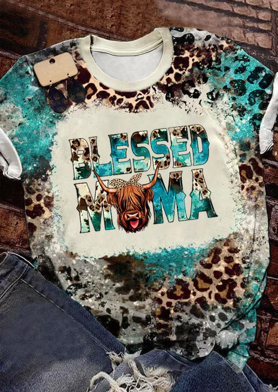 

T-shirts Tees Blessed Cow Mama Leopard Bleached T-Shirt Tee in Multicolor. Size: L,M