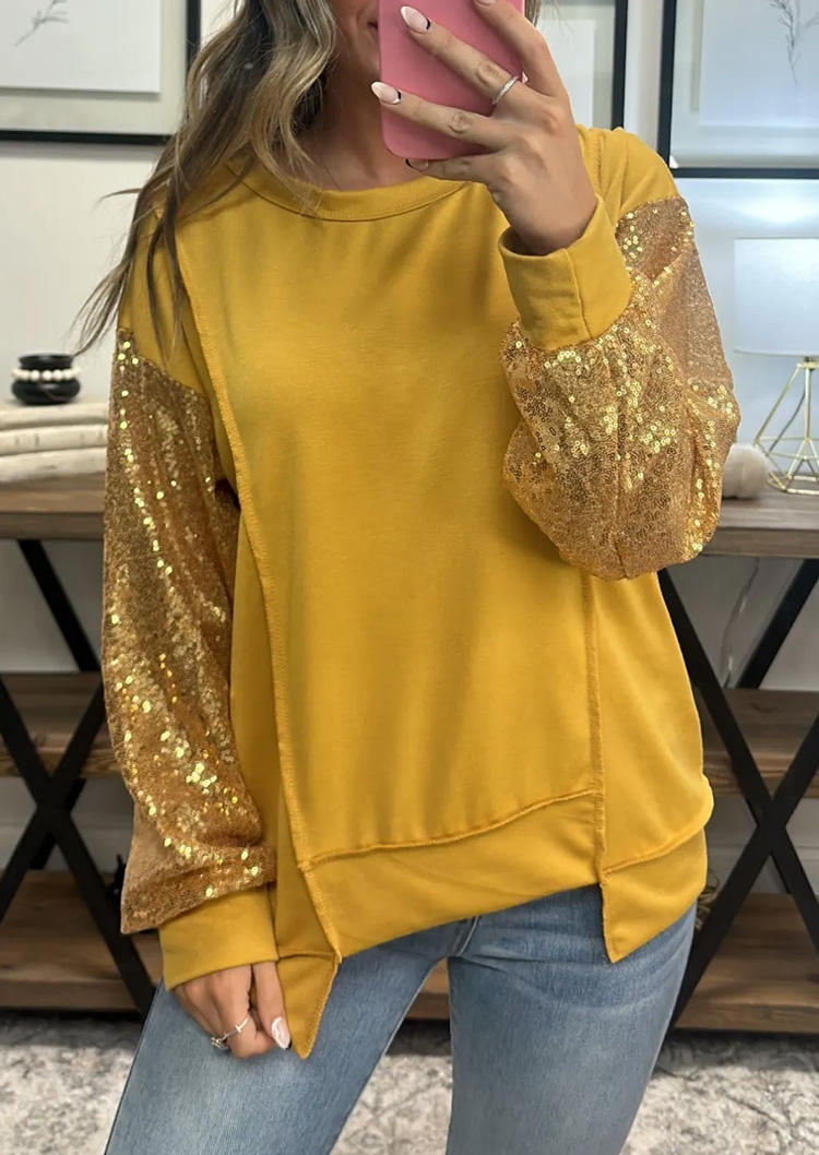 

Blouses Sequined Irregular Drop Shoulder O-Neck Blouse in Yellow. Size: L,M,,XL