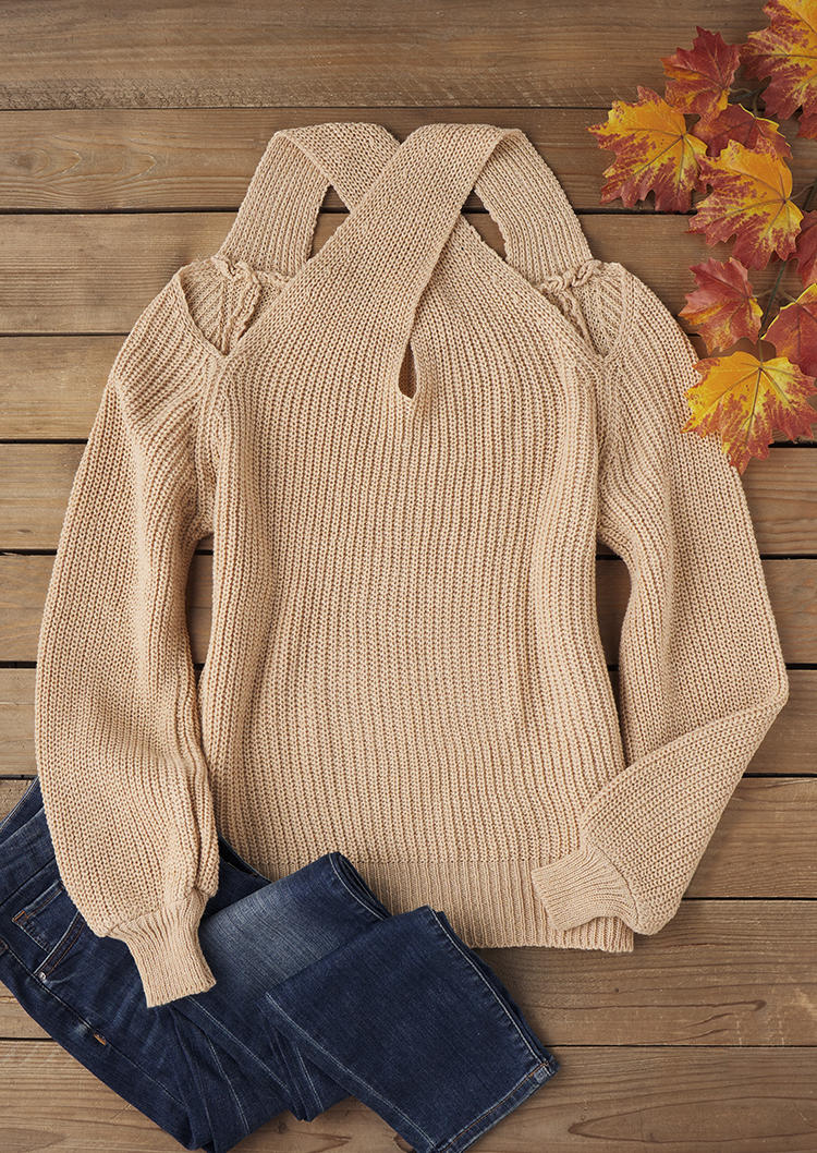 

Sweaters Criss-Cross Hollow Out Cold Shoulder Sweater in Khaki. Size