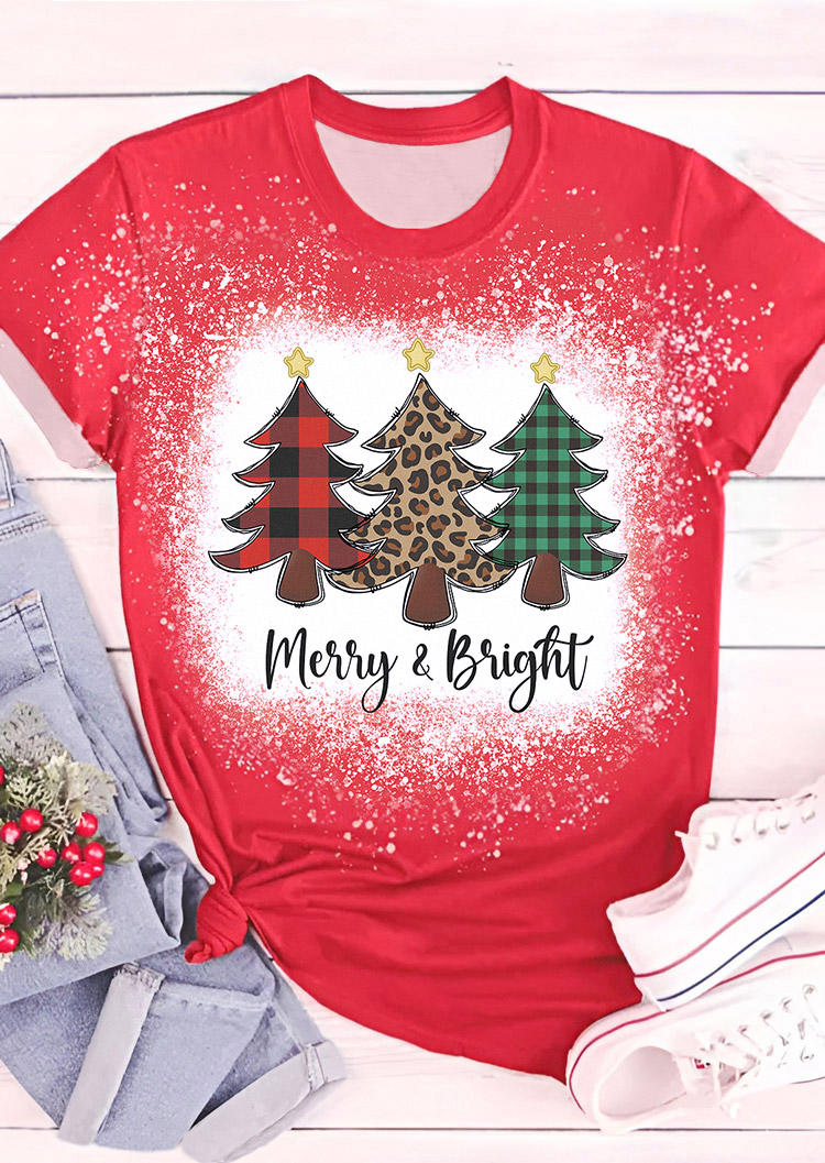 

T-shirts Tees Merry & Bright Christmas Tree Leopard Plaid Bleached T-Shirt Tee in Red. Size: M