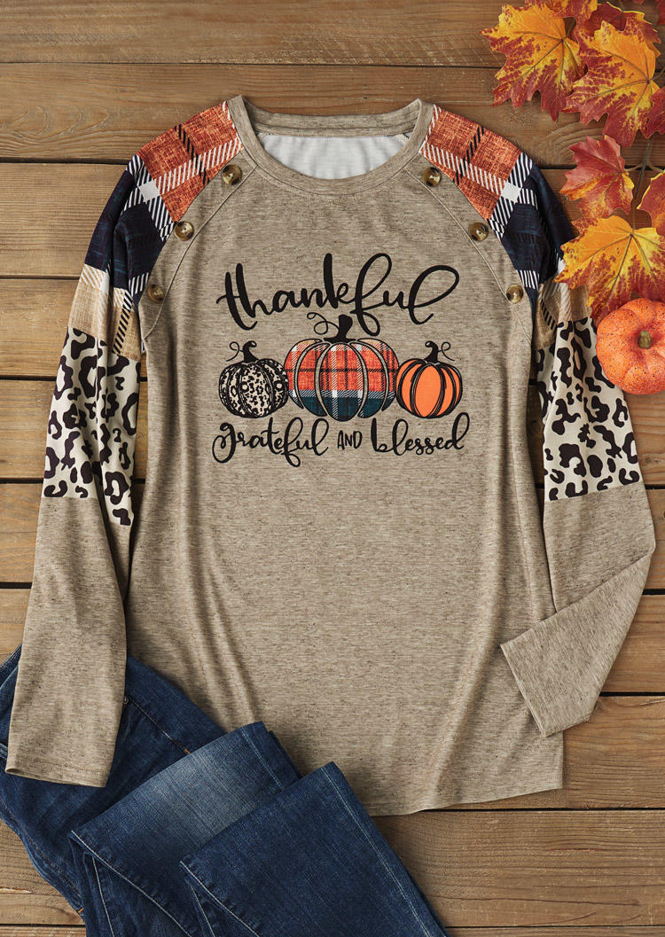 

Blouses Thanksgiving Thankful Grateful And Blessed Leopard Plaid Pumpkin Blouse in Multicolor. Size: 2XL,3XL,L,M