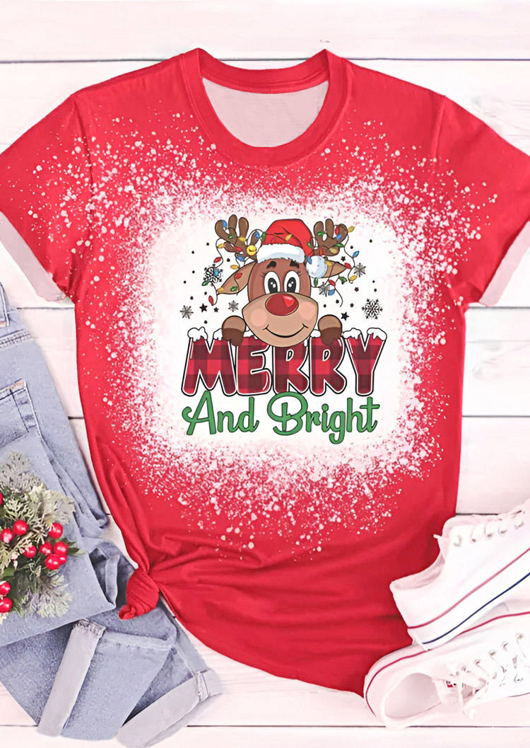 

T-shirts Tees Merry And Bright Plaid Bleached O-Neck T-Shirt Tee in Red. Size