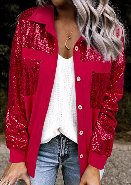 Sequined Pocket Turn-Down Collar Coat - Red