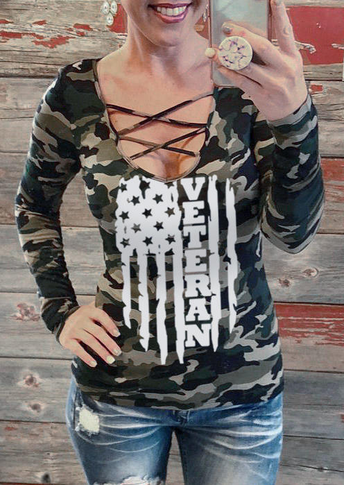 

Blouses Veterans Day American Flag Camouflage Criss-Cross Blouse in Multicolor. Size: L,M,,XL