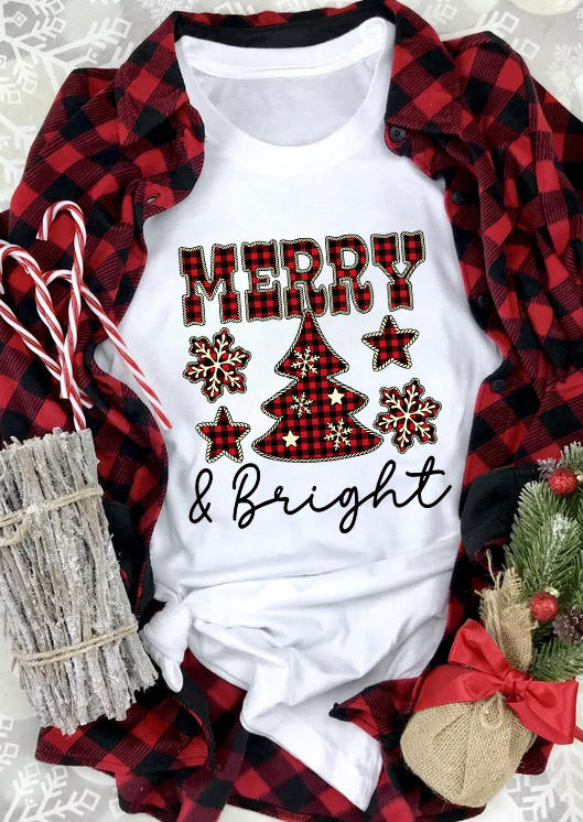 

T-shirts Tees Merry And Bright Christmas Tree Snowflake T-Shirt Tee in White. Size