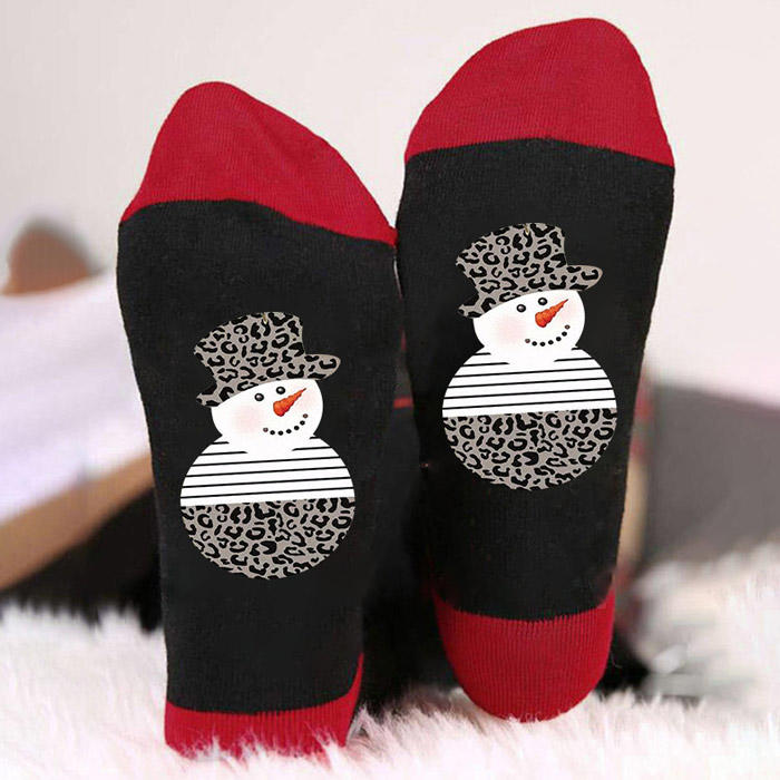 Christmas Snowman Striped Leopard Crew Socks