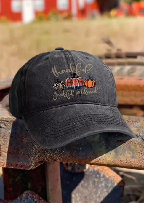 

Hats Thanksgiving Thankful Grateful And Blessed Leopard Plaid Pumpkin Baseball Cap in Black. Size