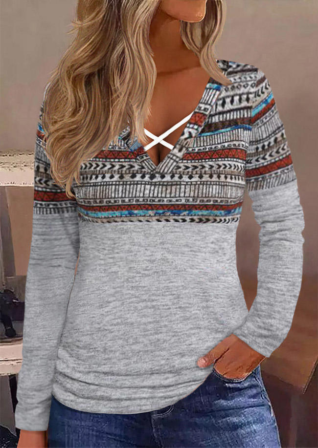 

Blouses Ethnic Geometric Criss-Cross V-Neck Blouse - Light Grey in Gray. Size: L,M,,XL