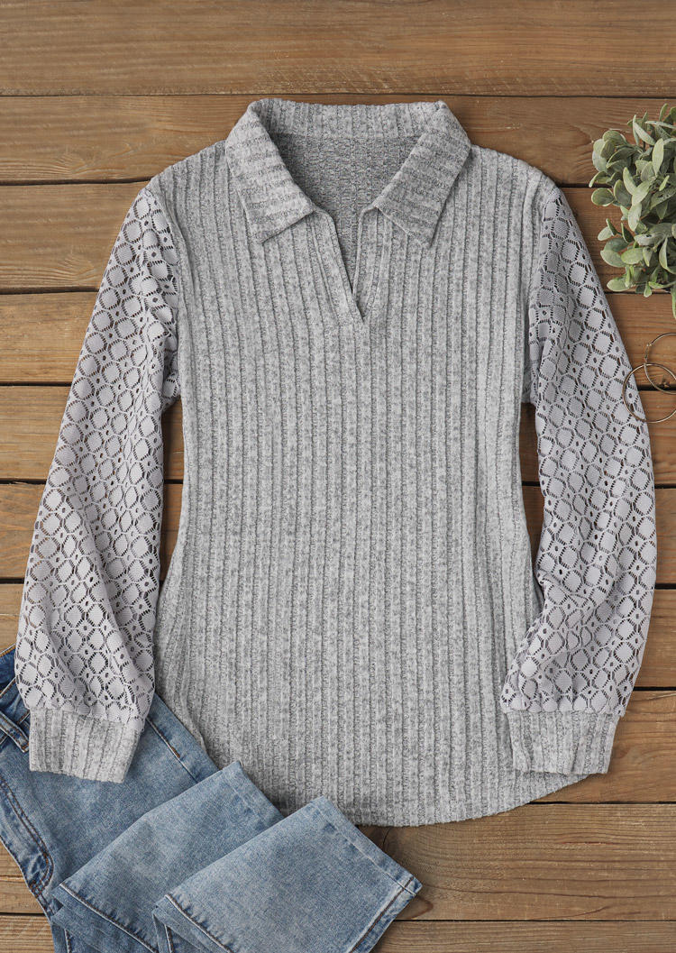 

Blouses Lace Stitching Ribbed Loose Long Sleeve Blouse in Gray. Size: M,,XL