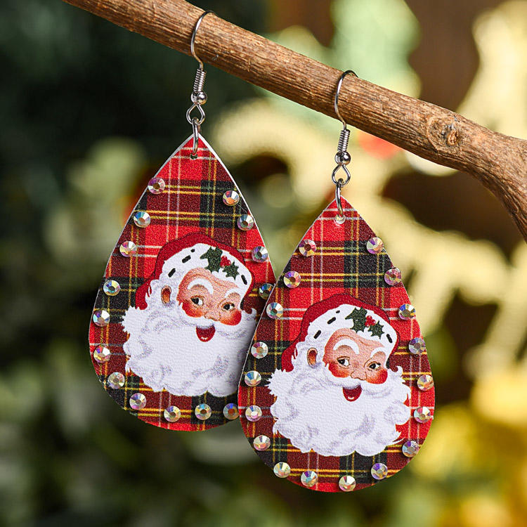 Christmas Santa Claus Plaid Rhinestone Earrings