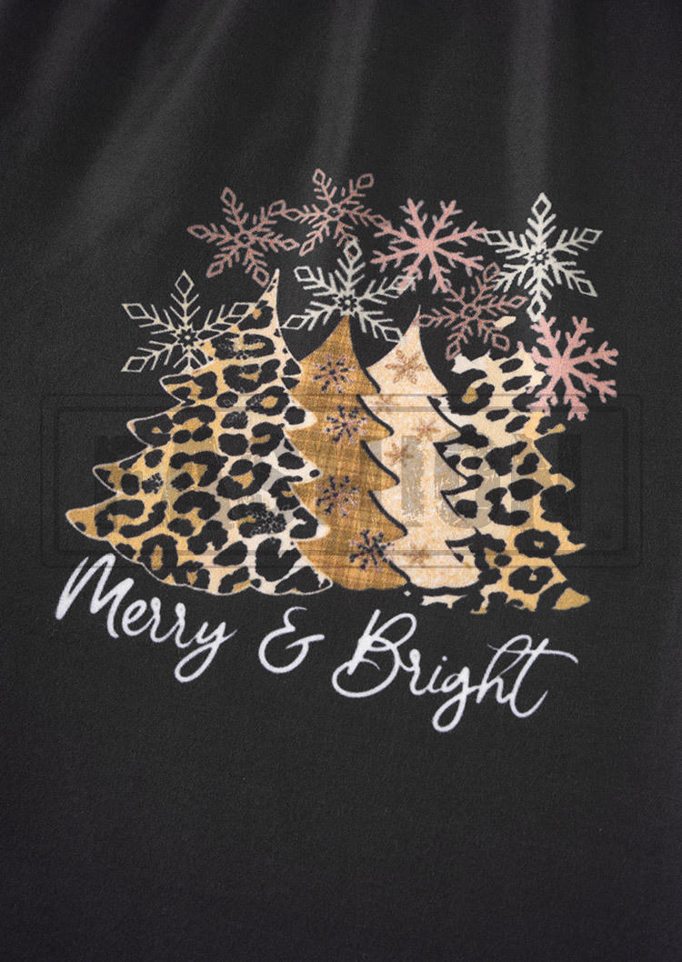 Christmas Merry And Bright Leopard Tree Snowflake Glitter Leggings - Black