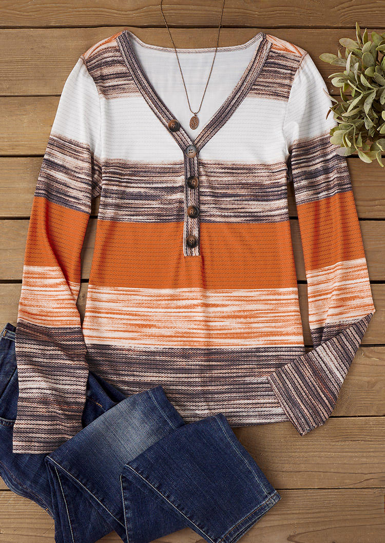 

Blouses Color Block Button Long Sleeve V-Neck Blouse in Multicolor. Size