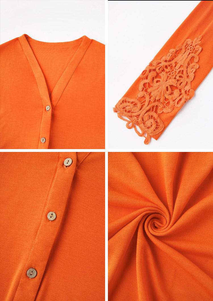 Crochet Button Lace Sleeve Cardigan - Orange