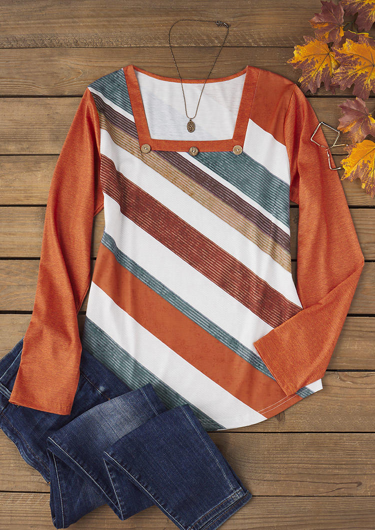 

Blouses Striped Color Block Button Ruffled Blouse in Orange. Size