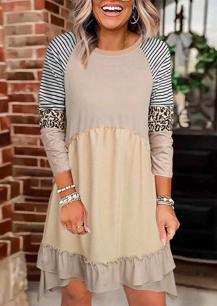 

Mini Dresses Striped Leopard Ruffled Waffle Mini Dress in Khaki. Size: L,M,,XL