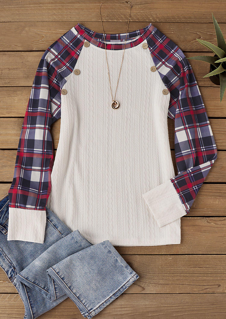 

Blouses Plaid Textured Button Raglan Sleeve Blouse in White. Size: L,M,,XL