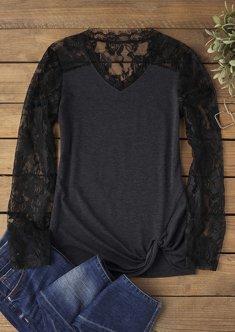 

Blouses Lace Twist Hem Elegant V-Neck Blouse - Dark Grey in Gray. Size: L,M,,XL