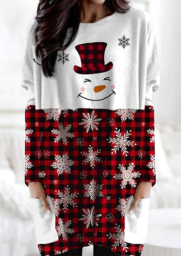 Christmas Plaid Snowman Snowflake Pocket Mini Dress