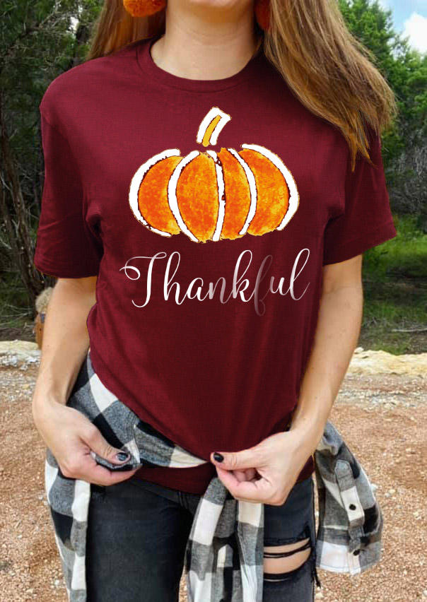 Thanksgiving Thankful Pumpkin O-Neck T-Shirt Tee - Burgundy