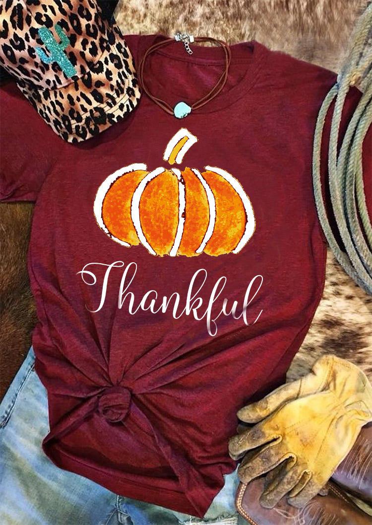 

T-shirts Tees Thanksgiving Thankful Pumpkin O-Neck T-Shirt Tee - Burgundy in Red. Size: ,XL