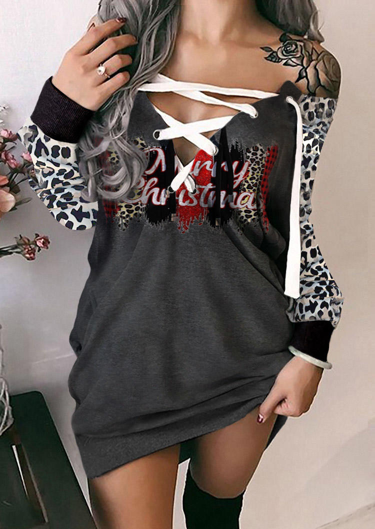 

Sweatshirt Dresses Christmas Leopard Lace Up Sweatshirt Dress in Multicolor. Size: L,M,,XL