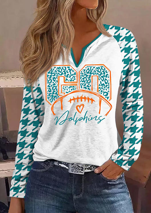 

Blouses Go Dolphin Football Soccer Houndstooth Long Sleeve Blouse in White. Size: L,M,,XL