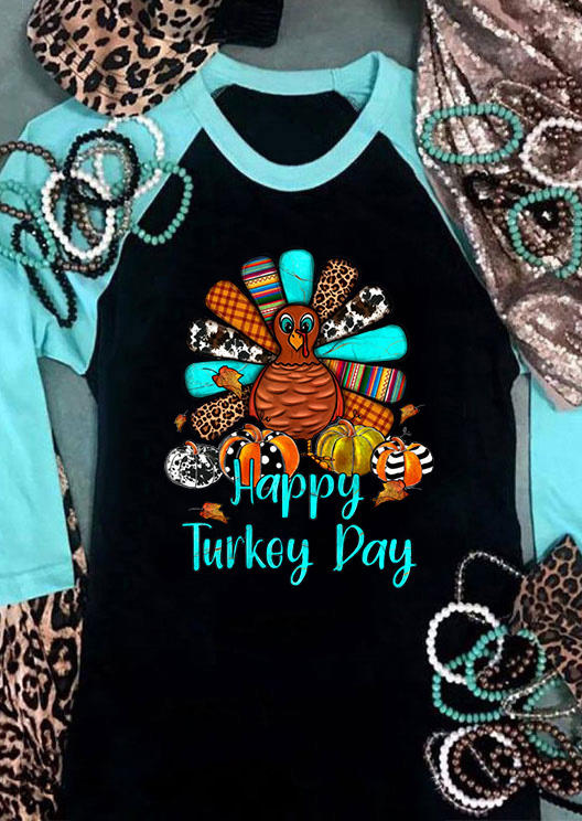 

T-shirts Tees Thanksgiving Happy Turkey Day Raglan Sleeve T-Shirt Tee - Cyan in Multicolor. Size: 2XL,3XL,L,M,,XL