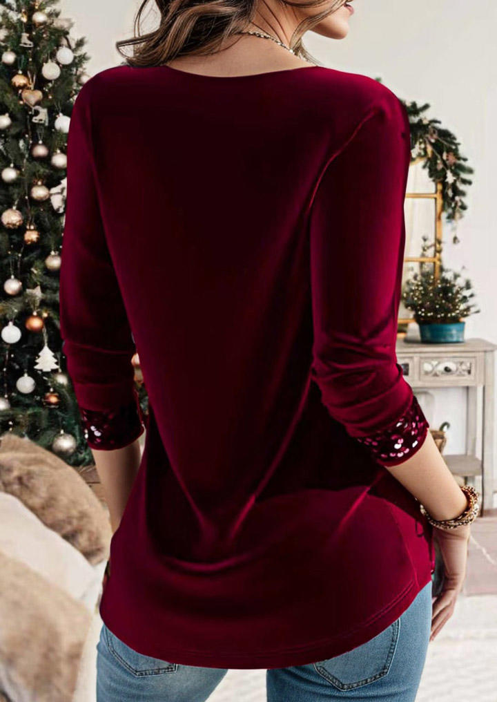 

Blouses Sequined Ruched Velour Long Sleeve Blouse - Burgundy in Red. Size: L,M,,XL