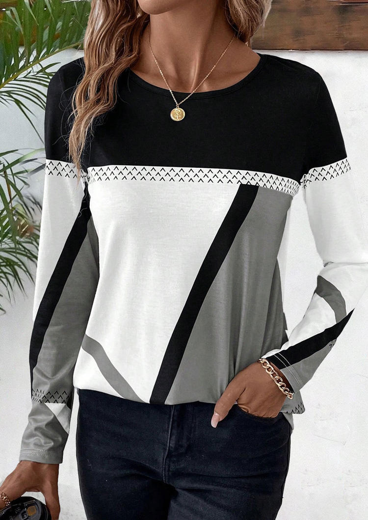 

Blouses Color-Blocked Geometric O-Neck Blouse in Multicolor. Size