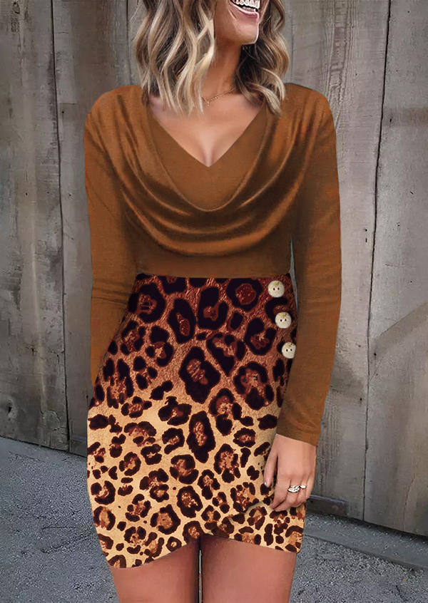 Leopard Wrap Long Sleeve Bodycon Dress