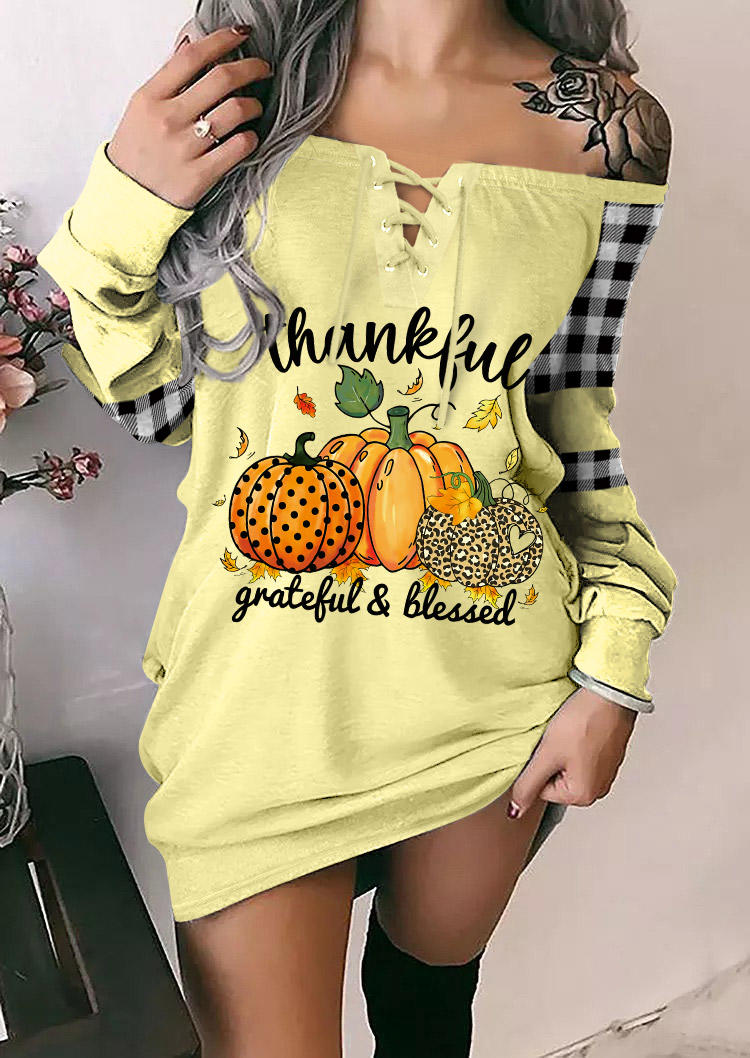 Thankful Grateful & Blessed Pumpkin Leopard Plaid Sweatshirt Dress - Light Yellow
