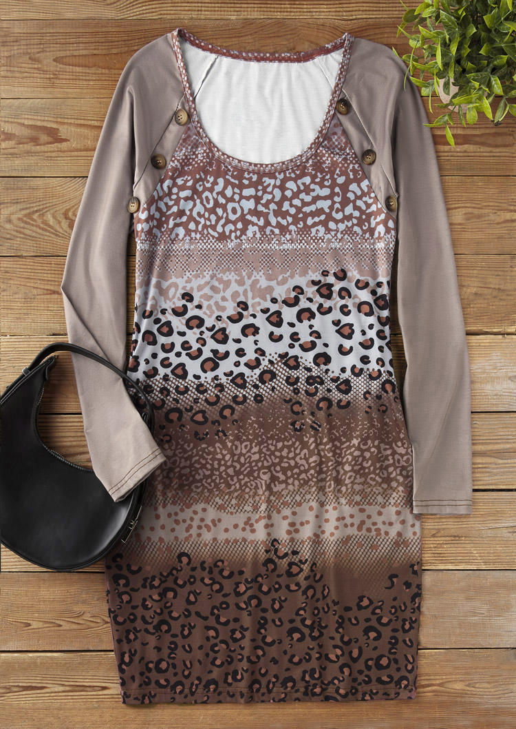 

Mini Dresses Leopard Button Pocket Long Sleeve Mini Dress in Multicolor. Size: L,M,,XL