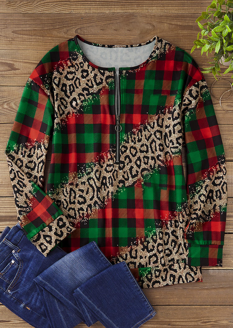 

Sweatshirts Leopard Plaid Zipper Collar Sweatshirt in Multicolor. Size: L,,XL