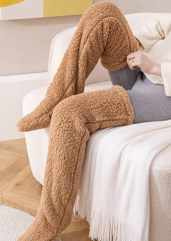 

Knee-High Socks Soft Warm Over Knee Extra Long Plush Socks in Gray,Khaki. Size