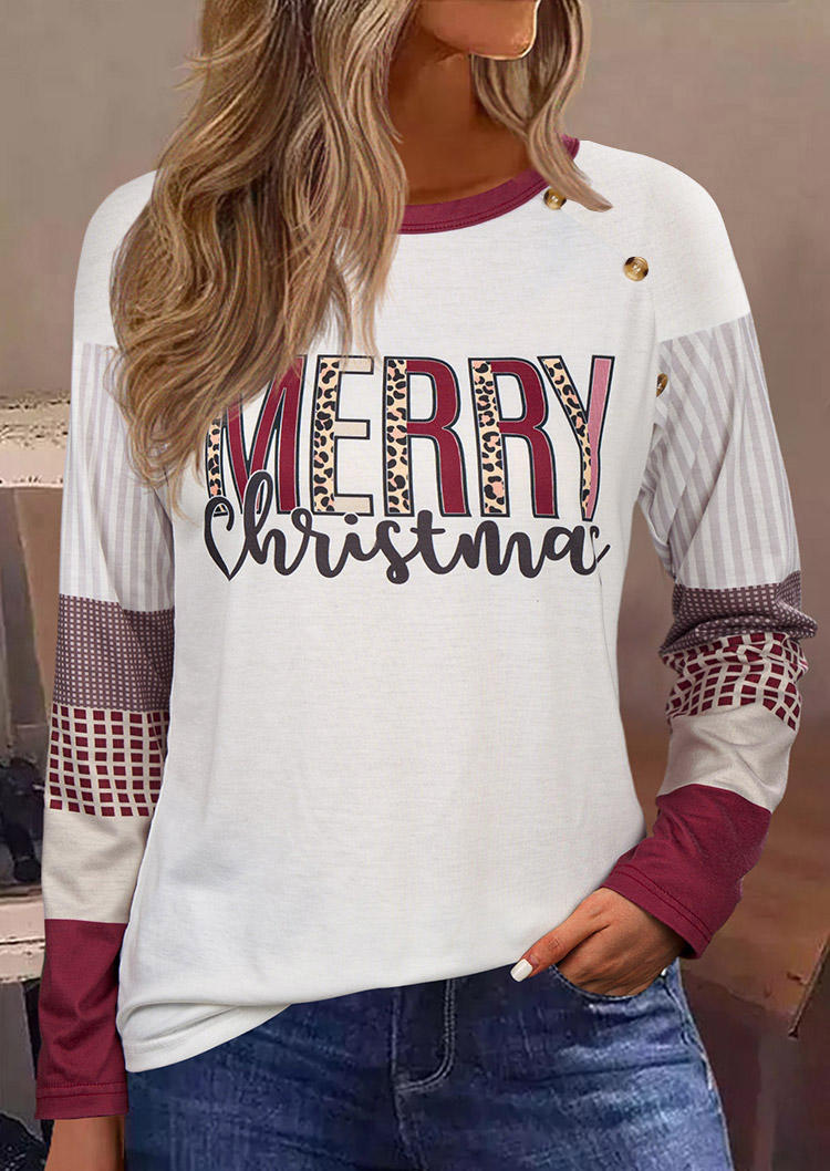 

T-shirts Tees Merry Christmas Vertical Striped Color-Blocked Plaid T-Shirt Tee in White. Size: L,M,,XL