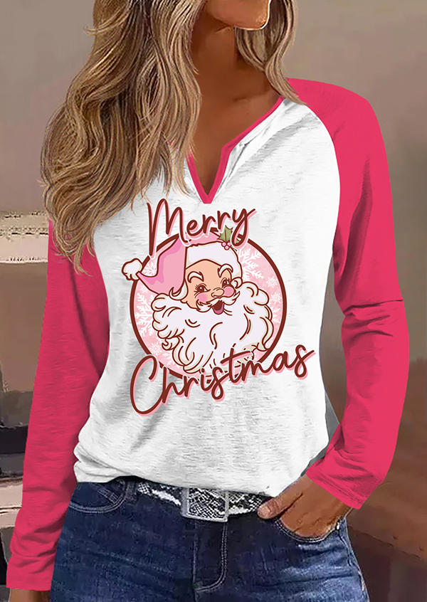 

Blouses Merry Christmas Santa Claus Notched Neck Blouse in Multicolor. Size: L,M,,XL