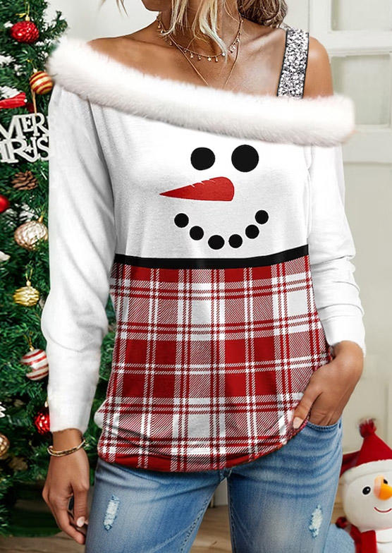 

Blouses Christmas Snowman Plaid Plush Glitter One Sided Cold Shoulder Blouse in Multicolor. Size: L,M,,XL