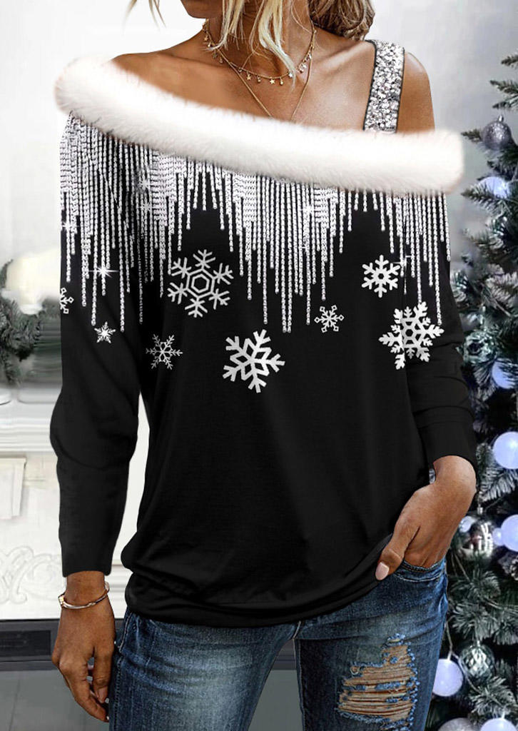 

Blouses Christmas Snowflake Plush Glitter One Sided Cold Shoulder Blouse - Black in Black. Size: L,M,,XL