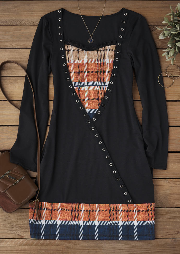 

Mini Dresses Classic British Plaid Eyelet Lace Stitching Mini Dress in Multicolor. Size: L,M,,XL