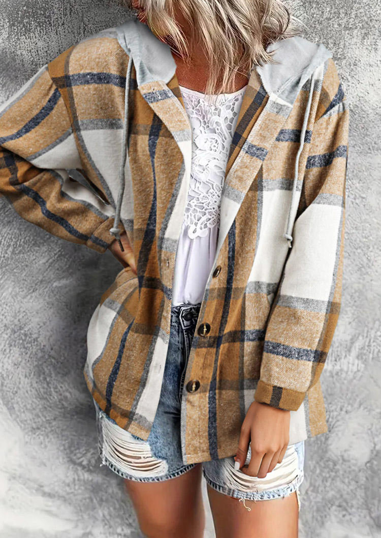 Plaid Button Drawstring Hooded Cardigan - Khaki