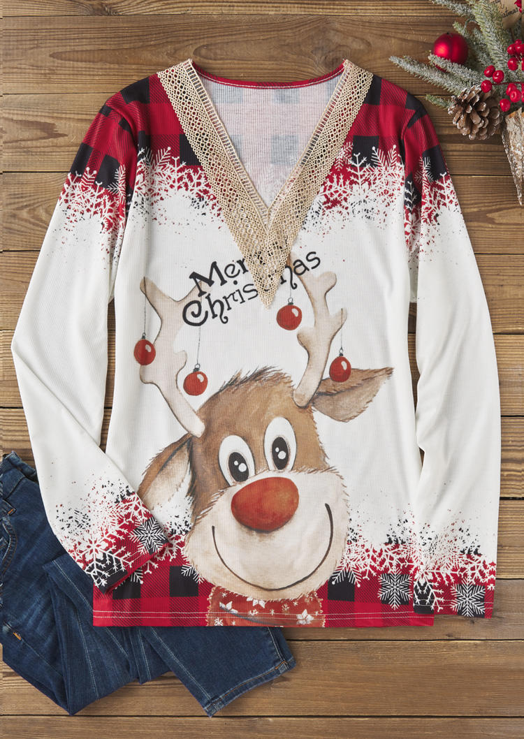 

Blouses Merry Christmas Reindeer Mesh V-Neck Blouse in White. Size