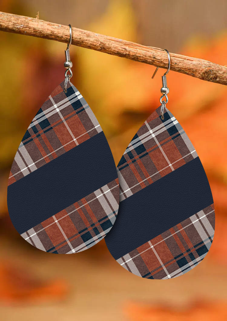 Plaid PU Leather Water Drop Earrings