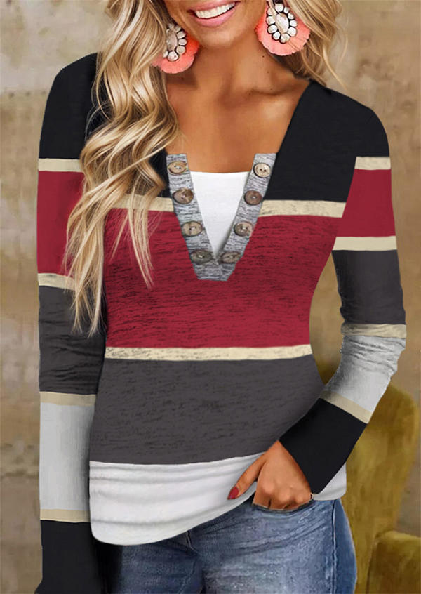 

Blouses Color-Blocked Button Fake Two-Piece Blouse in Multicolor. Size