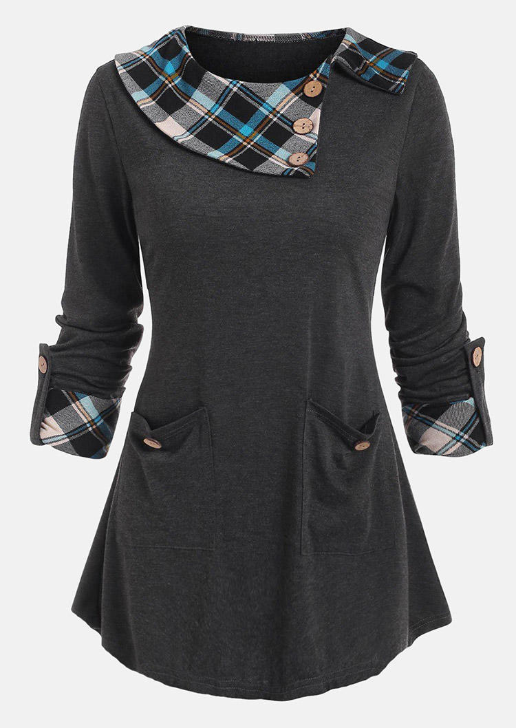 

Blouses Plaid Button Pocket Tab-Sleeve Blouse - Dark Grey in Gray. Size: L,M,,XL