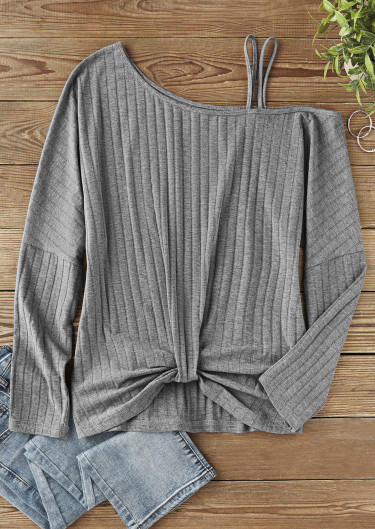 

Blouses Twist Ribbed One Sided Cold Shoulder Blouse in Gray. Size