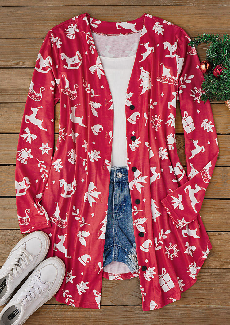 

Cardigans Christmas Tree Reindeer Button Long Sleeve Cardigan in Red. Size: L,M,,XL