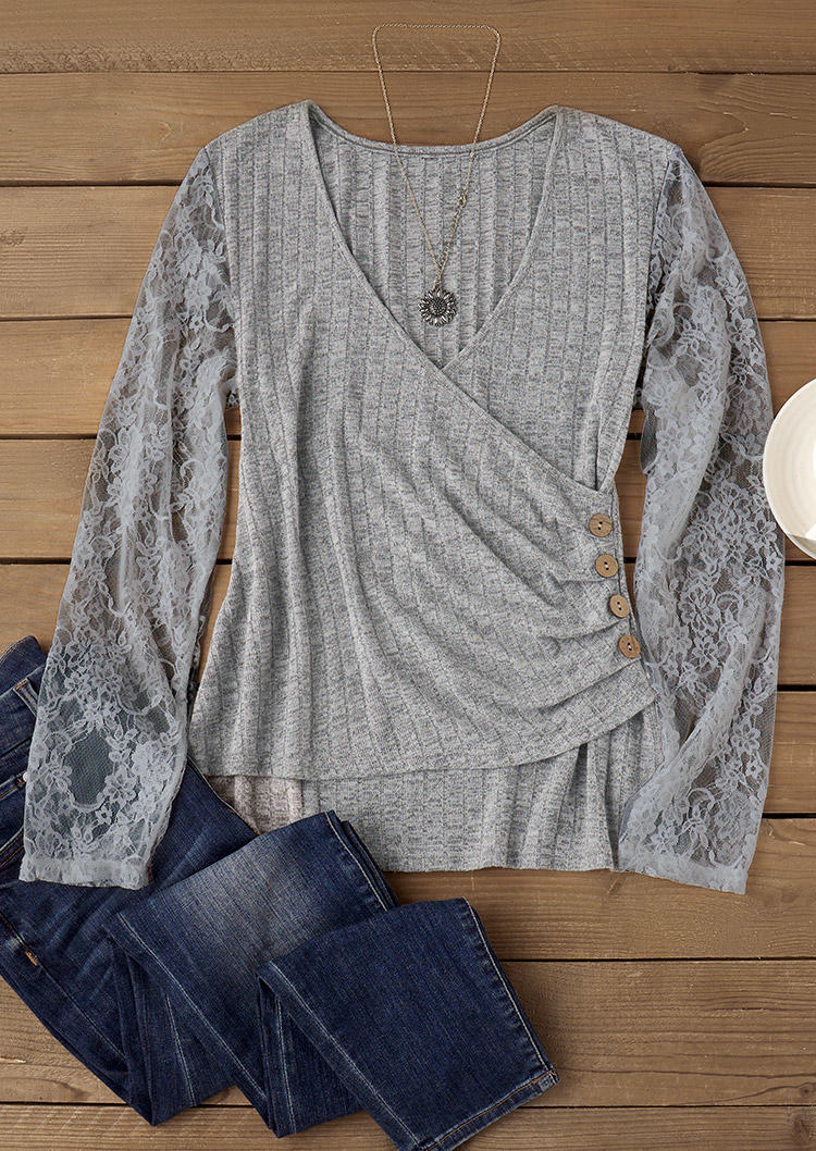 

Blouses Lace Stitching Ribbed Wrap Ruched V-Neck Blouse in Gray. Size