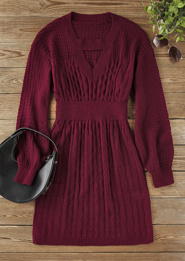 

Sweater Dresses Textured Hollow Out Lantern Sleeve Sweater Dress - Burgundy in Red. Size: L