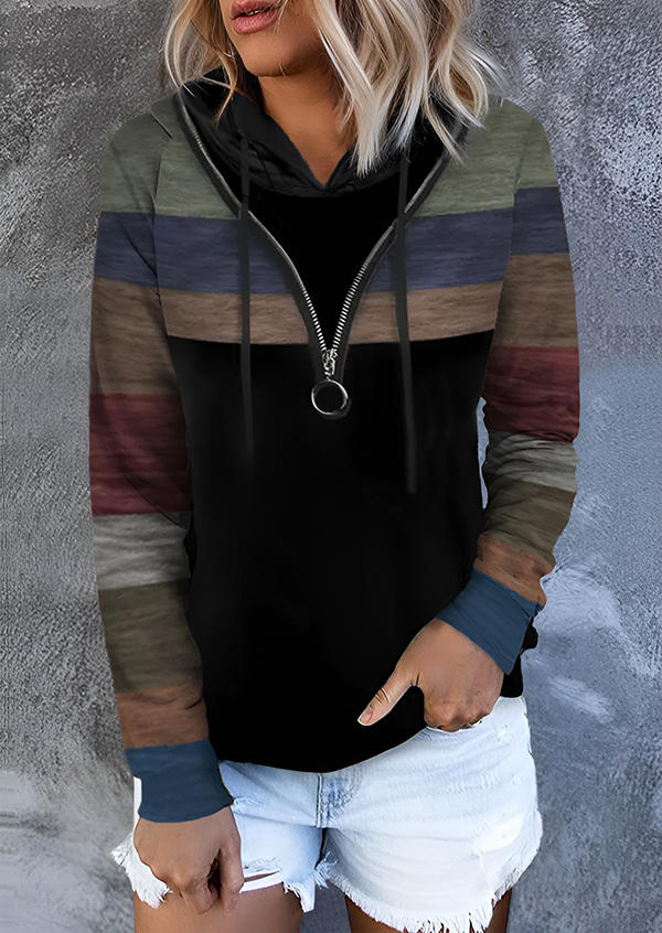 

Hoodies Striped Half Zipper Long Sleeve Hoodie in Multicolor. Size: L,M,,XL