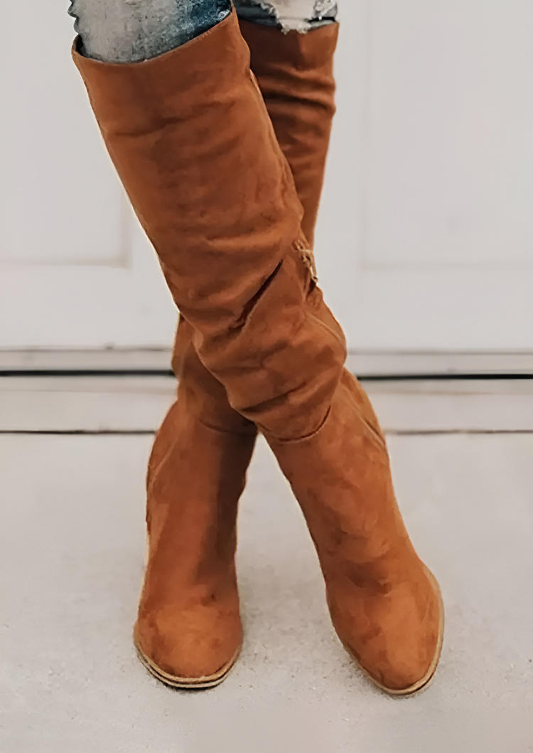 Plain Zipper High-Heeled Pointed Toe Boots - Brown